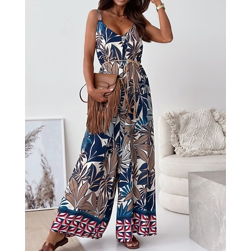 Damen Normal Overall Streetwear Blumen Ärmellos V Ausschnitt Druck Straße Täglich Normale Passform Marineblau Königsblau Blau Sommer Image