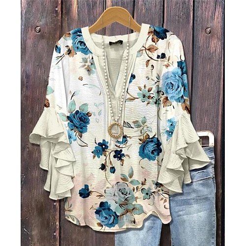 Frauen Retro Bluse Geschichtete Rüsche Ärmels Oberteile Vintage Floral Grafik Bohemia Vintage Alltag 3/4-Ärmel Regelmäßige Oberteile Alltag Urlaub Freizeitkleidung Print Weiß Blau Braun Sommer Image