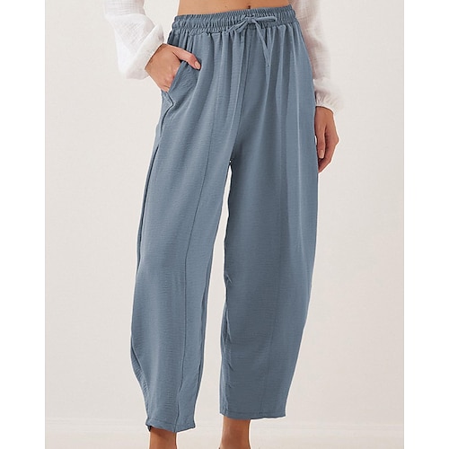 Damen Stoffhosen Hosen Hose Mode Streetwear Volle Länge Natürliche Taille Einfach Tasche Elastisches Kordelzugdesign Außenbereich Bequem Outdoor Urlaub Aprikose Hellhimmelblau Grau Marinenblau Sommer Image