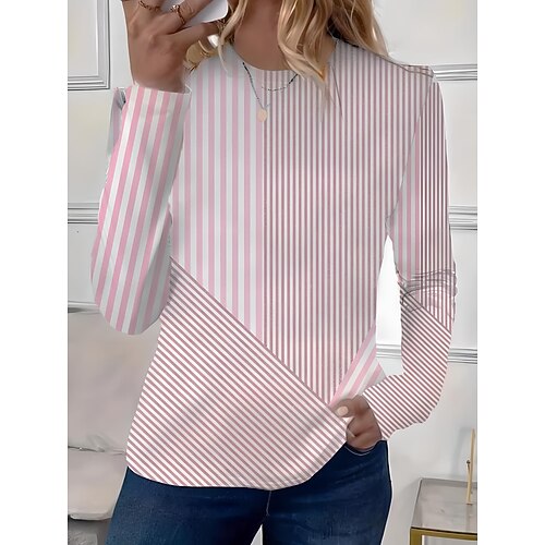 Damen T-Shirt Langarm Rundhalsausschnitt Langarm Tunika Grafik Geometrisch Gestreift Elegant Vintage Reguläre Tops Täglicher Ausgeh Wochenend Druck Rosa Blau Himmelblau Vorherbst Image
