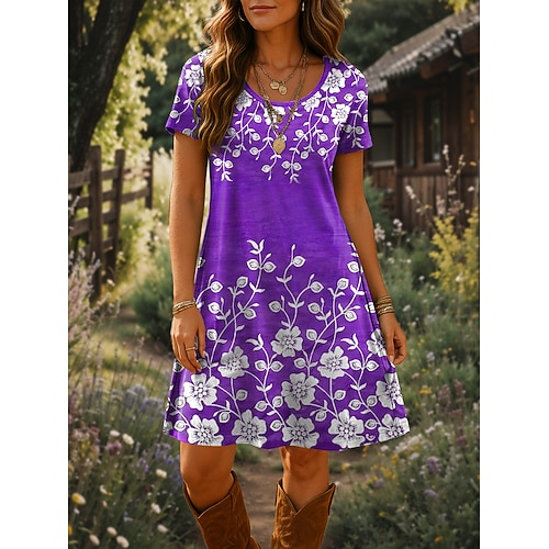 Damen Minikleid T-Shirt-Kleid A Linie Kleid Sommerkleid Urlaub Lässig Strand Täglich Ausgehen Strand Normale Passform Blumen Grafik Kurzarm Rundhalsausschnitt Rote Blau Purpur Grün Sommer Frühling Image