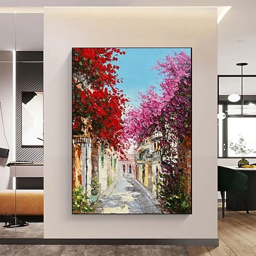 handgemaltes Ölgemälde einer mediterranen Gasse – blühende Bougainvillea, goldenes Wald-Ölgemälde, handgemachtes Herbst-Ölgemälde, Landschaftsgemälde, Wandkunst für die Wohnzimmerdekoration Image