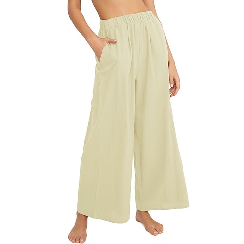 Damen Kunstbaumwollleinen Weite Hosenbeine Stoffhosen Mode Streetwear Volle Länge Natürliche Taille Einfach Tasche Elastischer Bund Bequem Außenbereich Outdoor Ferien Aprikose Grau Schwarz Weiß Sommer Image