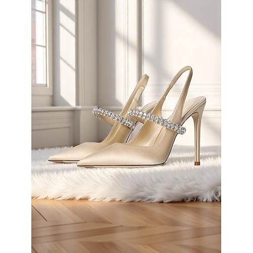 Champagnerfarbene Slingback-Pumps aus Satin für Damen mit Strass – elegante Stilettos mit spitzer Spitze für Cocktailpartys und formelle Anlässe Image