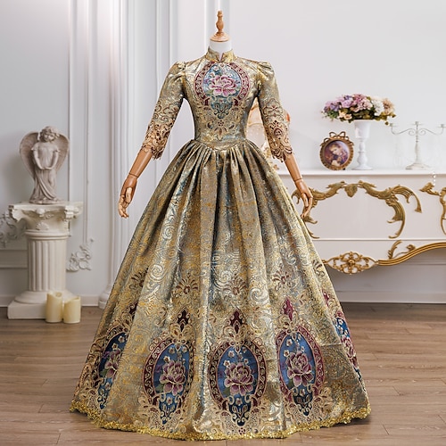 Vintage Rokoko Renaissance Maxi Kleid Normal Ein Hauch Prinzessin Braut Plissiert Gerüscht Prinzessin Rundhals Kostüm Damen Halloween Karneval Maskerade Leistung Party Halloween Erwachsene Ganzjahres Image