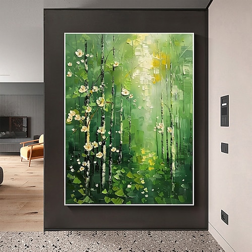 handgemachtes original grünes Waldölgemälde auf Leinwand abstrakte Baumlandschaft Wandkunst für Wohndekoration mit gespanntem Rahmen ohne Innenrahmen Gemälde Image