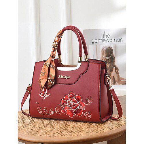 Damenhandtasche aus besticktem Kunstleder mit Schal-Akzent – elegante Schultertasche mit floralem Blumenmuster fürs Büro, Hochzeiten und den Alltag