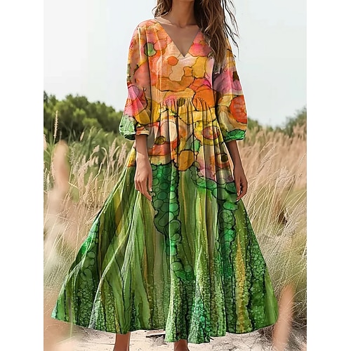 Damen Maxikleid Sommerkleid Faltenkleid Urlaub Lässig Boho Ausgehen Strand Lässiger Schnitt Blumen Grafik Abstrakt Dreiviertelarm V Ausschnitt Rosa Blau Orange Image