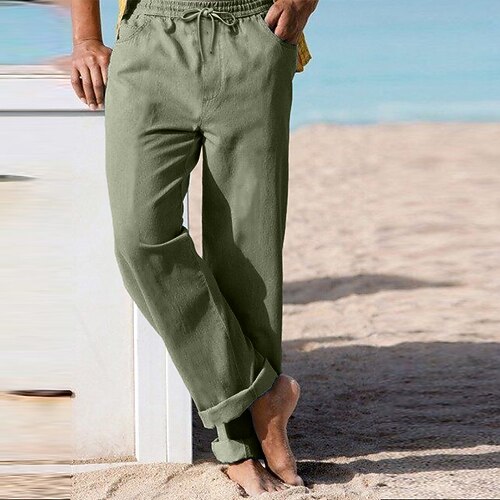 Herren Leinenhosen Hose Sommerhose Strandhose Kordelzug Elastischer Bund Gerader Schnitt Einfach Komfort Atmungsaktiv Volle Länge Lässig Täglich Ferien Urlaub Mode Weiß Himmelblau Image