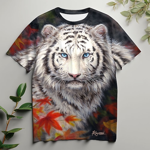 Herren Tiger T Shirt Kurzarm T-Shirt 3D-Druck Rundhalsausschnitt Hemd Mode Übertrieben Täglich Party Straße Lässig Weiß Sommer Frühling Ganzjahres Bekleidung S M L XL XXL XXXL 4XL Image