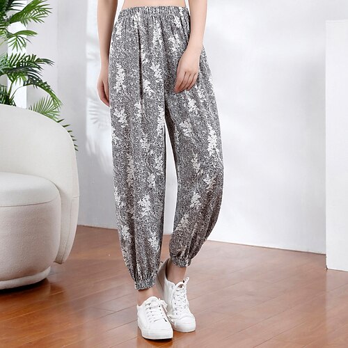 Damen Stoffhosen Lässig Boho Volle Länge Natürliche Taille Blume Drucken Bequem Außenbereich Urlaub Ausgehen Schwarzgrau Schwarz Weiß Schwarz und Weiss Schwarz Sommer Normale Passform