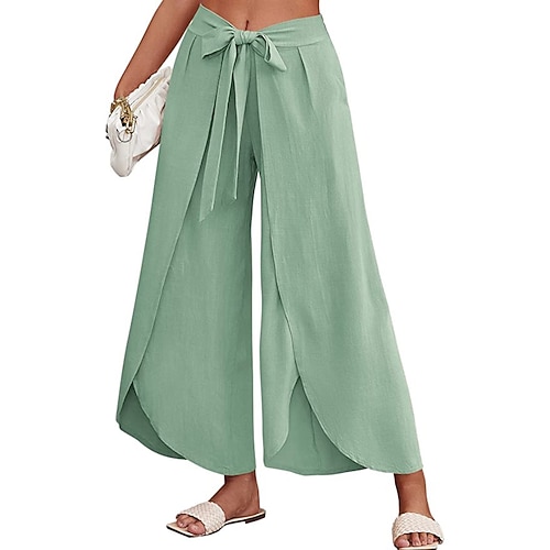 Damen Kunstbaumwollleinen Stoffhosen Lässig Volle Länge Natürliche Taille Einfach Elastischer Bund Geteilt Außenbereich Bequem Ferien Alltagskleidung Wochenende Aprikose Hyazinth Hellhimmelblau Image