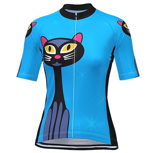 Damen Radtrikot Tiermotiv Katze Kurzarm Fahhrad T-Shirt Trikot Oberteil mit 3 Gesäßtaschen Mountainbike MTB Straßenradsport Schnelltrocknend Reflektierende Streifen Feuchtigkeitsableitend Atmungsaktiv Image
