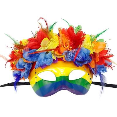 Theater-Regenbogenmaske mit Federn Blumenkopfschmuck Fransen Festival Performance Requisite Pride Parade Festivalkostüm-Accessoire Image