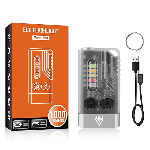 LED-Taschenlampe, klein, leistungsstark, EDC, superhell, 1000 lm, LED-Schlüsselanhänger-Taschenlampe mit 365 nm UV, Rot, Grün, Blau, Mini-Taschenlampe, Cob, seitlicher Magnet, Piepton, 14 Modi Image