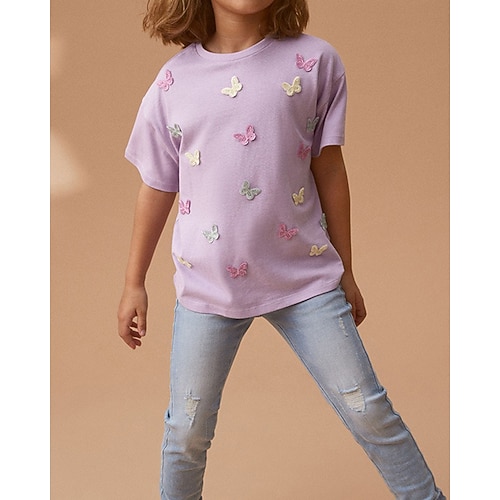 Kinder Mädchen T-Shirt Schmetterling Outdoor Kurzarm Rundhalsausschnitt Streetwear Ab 4 Jahren Sommer Purpur Image