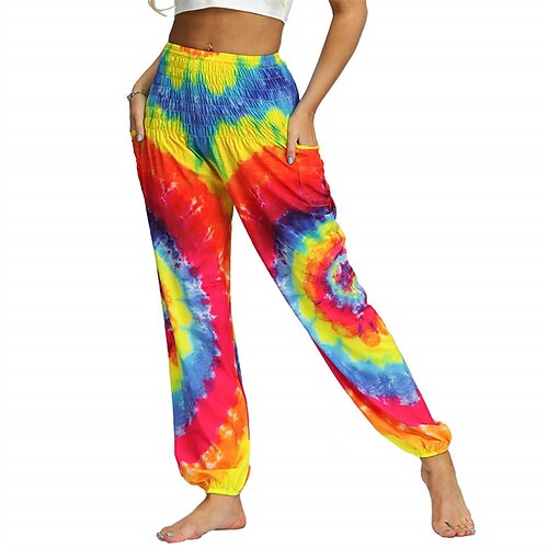 Retro Vintage Boho 1970er Haremshose Yoga-Hose Hippie Schnurbatik Gesmokte Taillenbund Regenbogen Kostüm Damen Halloween Karneval Pride Parade Pride-Monat Festival Erwachsene Hose Image