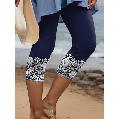 Damen Leggings Capri Hosen 3D Druck Hohe Elastizität Urlaub Vintage Mode Knöchellang Hohe Taille Blumengrafik Druck Atmungsaktiv Weich Dehnbar Formal Urlaub Büro Marineblau Sommer Frühling
