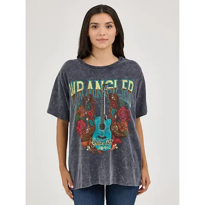 Wrangler Womens Acid Wash Graphic Oversized Tee Black Guitar Size XXL