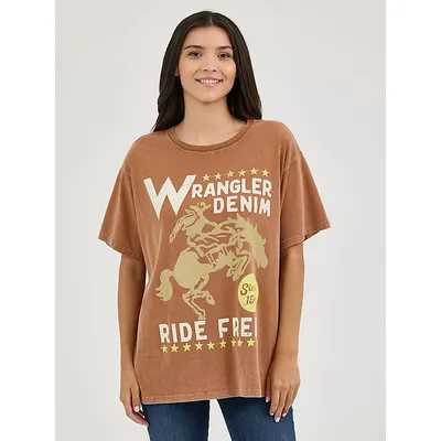 Wrangler Womens Acid Wash Graphic Oversized Tee Free Caramel Size XS