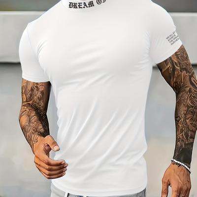TEMU Men's Slim Fit Breathable Knit T-shirt With Stand Collar & Letter Print - Moisture-wicking Workout Tee For Gym, Cycling & Outdoor Sports - , Workout Shirts, Gym Apparel, , Durable Material, Image