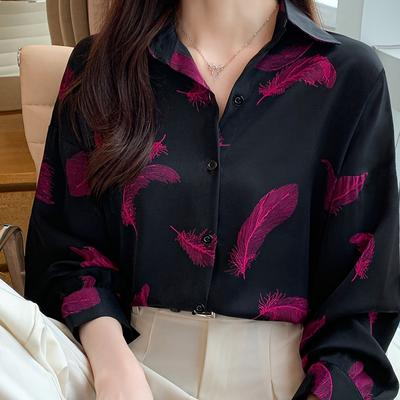 TEMU Women' Print Long Sleeve Shirt, Spring/fall Casual Loose Fit Lapel Collar Blouse, 95% Polyester 5% Spandex, Woven Fabric, Button Detail Image
