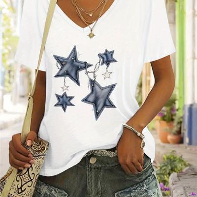 TEMU Women's Casual V-neck T-shirt With Star Chain Print - Short Sleeve, Denim Fabric, , Versatile Everyday Top, Casual Wear | Trendy Casualwear | Image