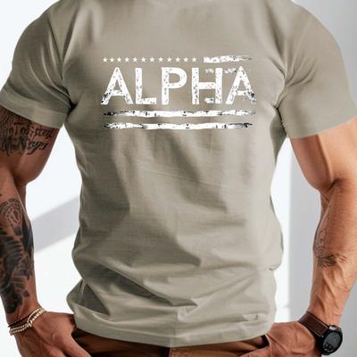 TEMU Men's Plus Size Olive -shirt - Alpha Stars & Stripes Crinkle Design, Casual Short Sleeve Summer Tee For Adults, Machine Washable Shirt | Round Neck Shirt | Shirt, Plus Size Image