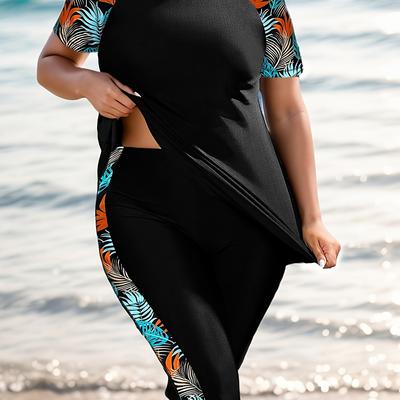 TEMU Black Plus Size Swimsuit With Side Stripes Image