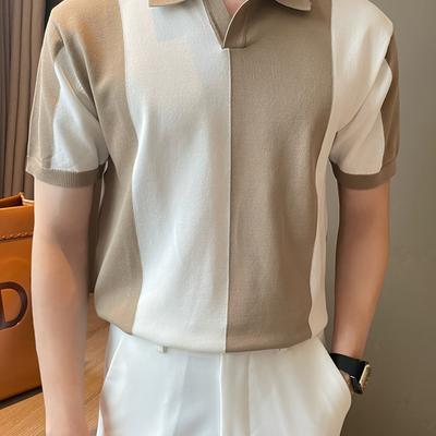 TEMU Men's Casual Striped Short Sleeve Shirt - Navy & White, Breathable Viscose, Golf, Business, And Summer , Shirt|striped Pattern Top|short Sleeve Shirt, Knit Image