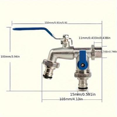 TEMU 1pc Dual Outlet Garden Hose Faucet, 304 Stainless Steel, Single Hole Installation, Universal Thread, Garden Faucet, Metal Outdoor Faucet, Compatible With Sprinklers And Hose Washer Image