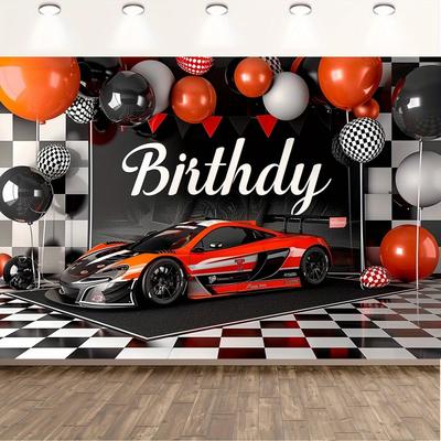 TEMU 1pc Racing Birthday Party Backdrop With And Checkered Flags, Polyester Photo Props Banner For Boys' Parties, Background Cloth, Party Banner Image