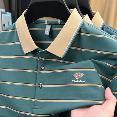 TEMU New 3d Letter Embossed Shirt Striped Men's Summer Short Sleeve Casual Mid-aged Male T-shirt Image