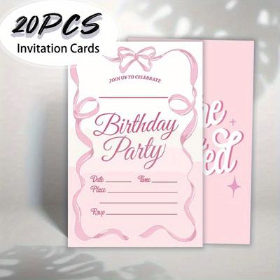 "TEMU 20pcs Pink Bow Birthday Party Invitation Cards – Elegant Design With "happy Birthday" & "" Messages, No Envelopes Included, , , Daughters, Celebrations, Birthday Party Decorations" Image