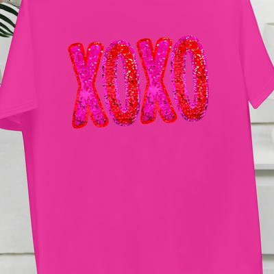 TEMU Women's Plus Size Fashion T-shirt, Casual Crew Neck With Glitter Letter Print, Knit Polyester Fabric, Medium Stretch, , Applique Detail, 185g/m² - Black Image