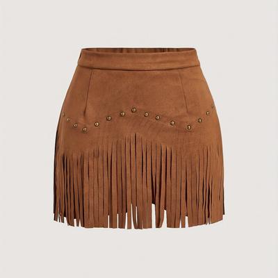 TEMU Women's Fashionable Fringe Mini Skirt - Brown, Detail, Wear, , Casual Attire|fringe Skirt|decorative Buttons, Mini Skirt Image