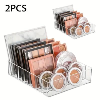 TEMU 2pcs Clear Plastic Makeup Organizer With 7 Compartments - Transparent Lipstick & Eyeshadow Holder, Cosmetic Storage Tray For Brushes, Skincare Products, Vanity Accessory, Makeup Brushes Image