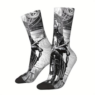 TEMU Men's Novelty Crew Socks - Vintage Hip Hop Style, Fun & Cool Printed Design, Breathable Polyester Image
