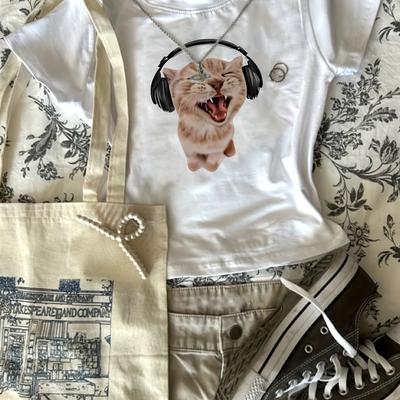 TEMU Women's Slim With Headphones Graphic T-shirt - White Casual Short Sleeve Top, Geometric Print, Machine Washable, Image