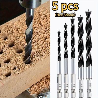 "TEMU 5pcs 3/4/5/6/7/8/10mm 1/4" Hex Handle/round Shank Three-point Woodworking Drill Bit Positioning Drilling Carpenter Tools, Suitable For Wood, Plastic, Cardboard, And Bamboo" Image