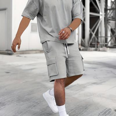 TEMU Men's Casual Sportswear Set - Crew Neck, Short Sleeve Top & Drawstring Shorts, Polyester, Solid Color, Casual Attire, Sports, And Outdoor Activities, Casual Wear|sporty Look|polyester Se Image