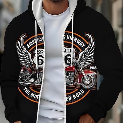 TEMU Men's Casual Motorcycle Graphic Hoodie - Black With American Flag & Design, Zip-up, Pockets, Lightweight & Stretchy, Fall & Winter, Casual Wear Hoodie | Graphic Print Hoodie | Zippered Hoodie Image