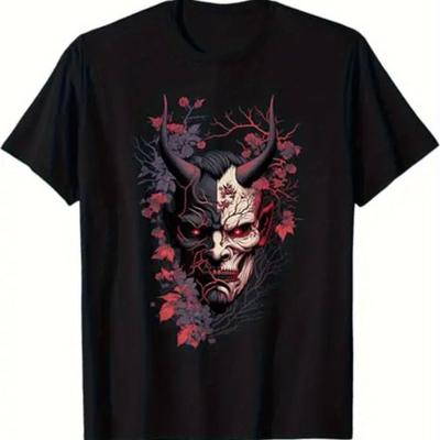 TEMU Men' Cotton T-shirt With Traditional Japanese Oni Face & - Bohemian Style Slim Neck Short Sleeve, Soft Breathable Fabric, Machine Washable, Casual Wear & Unique Gift Idea, Travel Clothing | Image