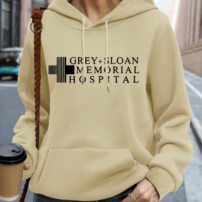 TEMU [1pc Grey Memorial Hospital Hoodie] 1pc Grey Memorial Hospital Casual Pullover Hoodie, Polyester Knit Sweatshirt With Letter Print, Stretchy Autumn/winter Hooded Top Image