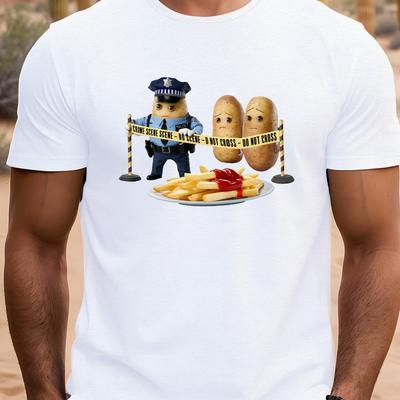 TEMU Men's Humorous Anthropomorphic Potatoes Graphic T-shirt - 100% Polyester Lightweight 150gsm Casual Short Sleeve Round Neck Tee With Police & Fries Design For Summer Image
