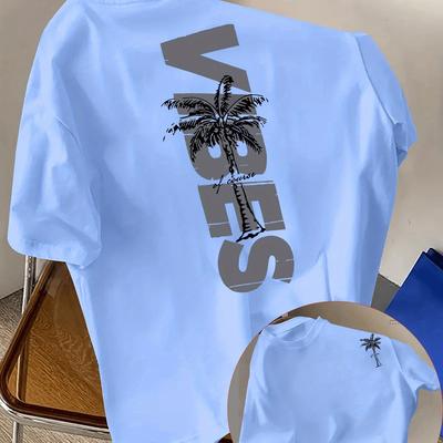 TEMU Men's Quick-dry Breathable T-shirt - Stylish Beige Crew Neck With Palm Tree Print, Lightweight Polyester Fabric, Summer Casual Wear, Summer Casual Wear|graphic Tee|lightweight Tshirt Image