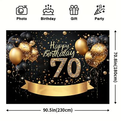 TEMU 1pc Elegant 70th Birthday Banner - Black And Golden Polyester Backdrop With Balloons And , Party Decorations, Birthday Party Decorations Image