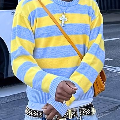 TEMU Unisex Streetwear Loose Fit Striped Knit Sweater - Long Sleeve Round Neck Casual Pullover With , Hand Wash Only Image