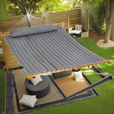 TEMU Heavy Duty 480lb Capacity Double Hammock With Stand - Freestanding Outdoor Hammock With Portable Carrying Bag, Pillow & Wooden Accents - Durable Polyester Fabric For Yard, Beach, Patio - Gray Image