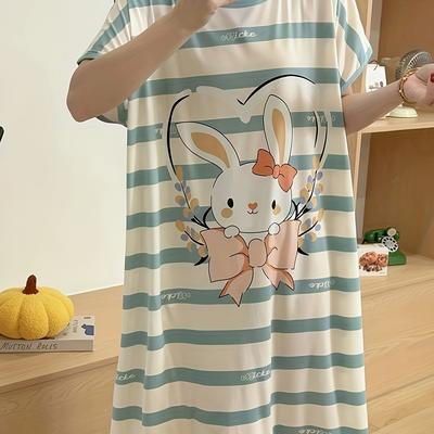 TEMU Women's Casual Cartoon Sleeping Dress - Short Sleeve, Lightweight, Round Neck, Relaxed Fit, Summer Nightwear, Home | Print Top | Comfortable Clothing Image